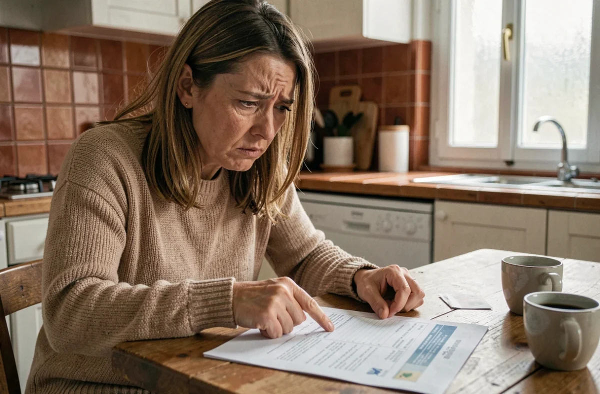 Femme inquiète examinant un relevé bancaire à la recherche d'un prélèvement FRANCILIANE non reconnu