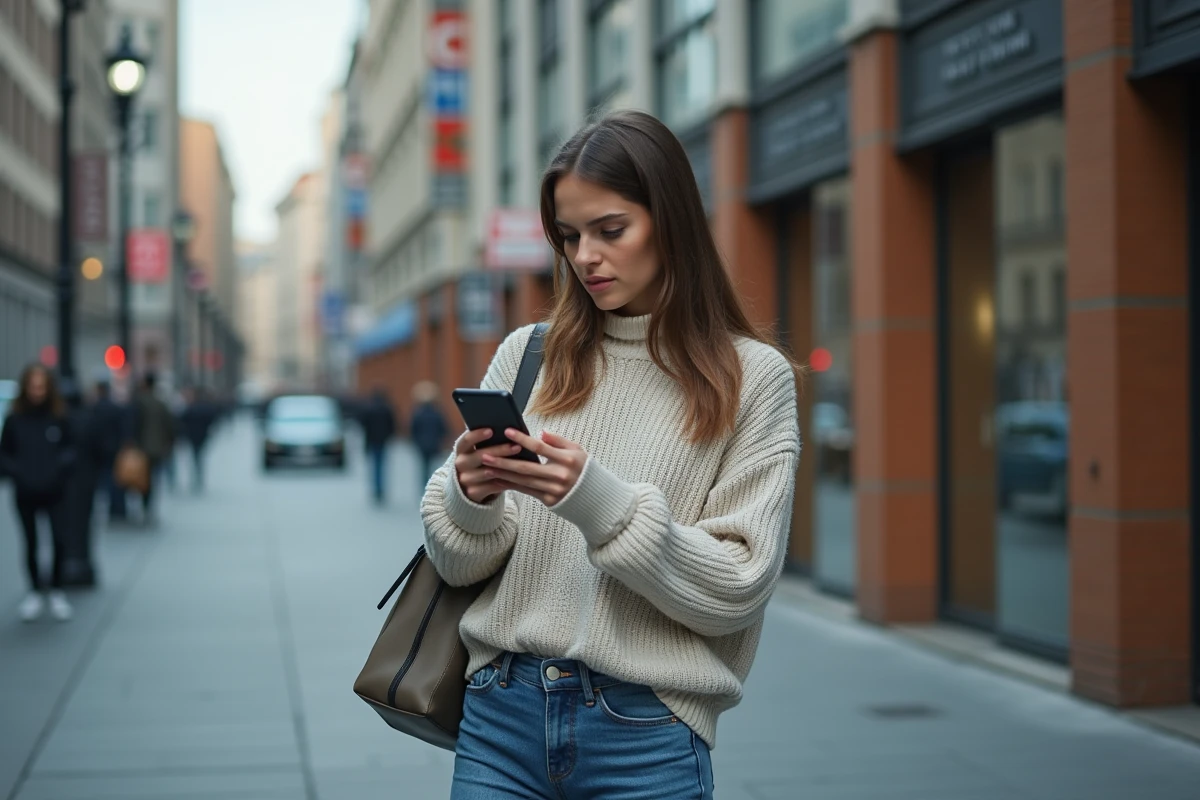 Jeune femme avec smartphone dans la rue urbaine
