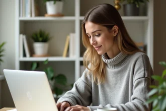 Femme travaillant depuis chez elle sur son ordinateur portable dans un bureau à domicile bien organisé, illustration du télétravail et de l'emploi en ligne