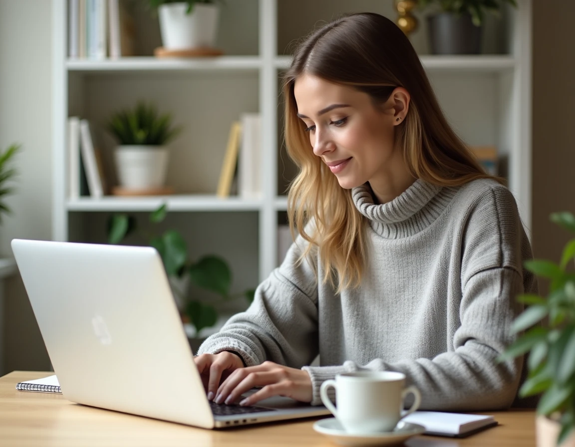 Femme travaillant depuis chez elle sur son ordinateur portable dans un bureau à domicile bien organisé, illustration du télétravail et de l'emploi en ligne