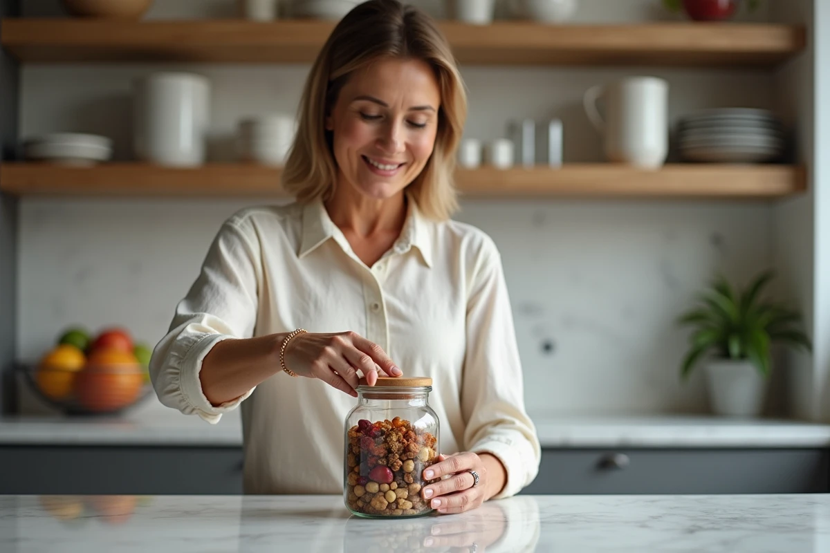 Femme en cuisine transférant fruits secs dans un bocal