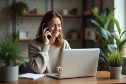 Femme au bureau à domicile parlant au téléphone