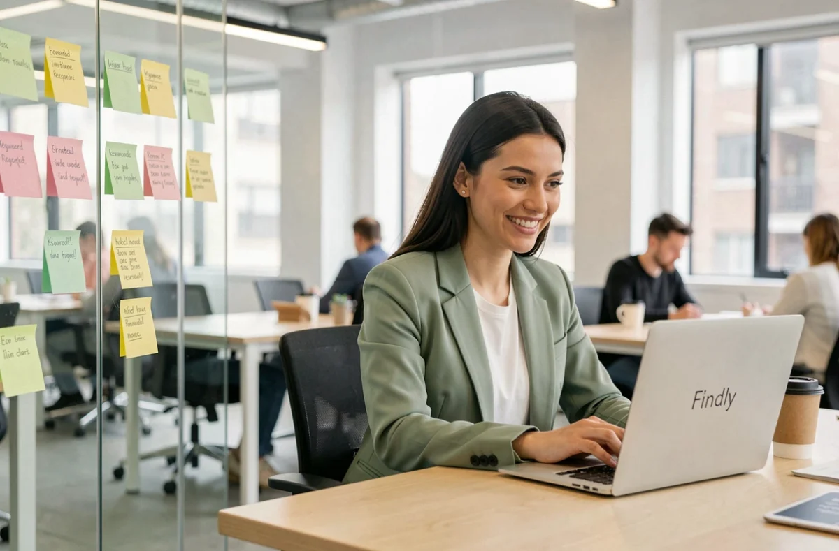 Consultante SEO de Findly en appel client dans un espace de coworking lumineux avec des notes de recherche de mots-clés
