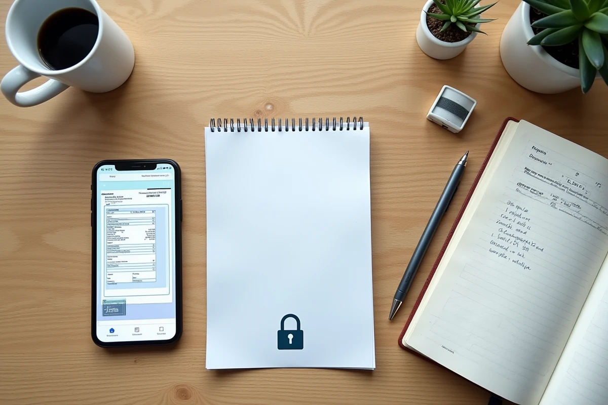 Vue de dessus d'un bureau avec smartphone affichant l'application Arkevia et une fiche de paie papier