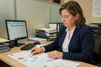 Fonctionnaire féminine consultant un calendrier annuel imprimé dans un bureau administratif pour planifier les jours ouvrables 2026