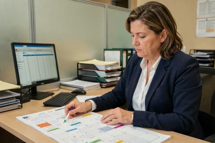 Fonctionnaire féminine consultant un calendrier annuel imprimé dans un bureau administratif pour planifier les jours ouvrables 2026