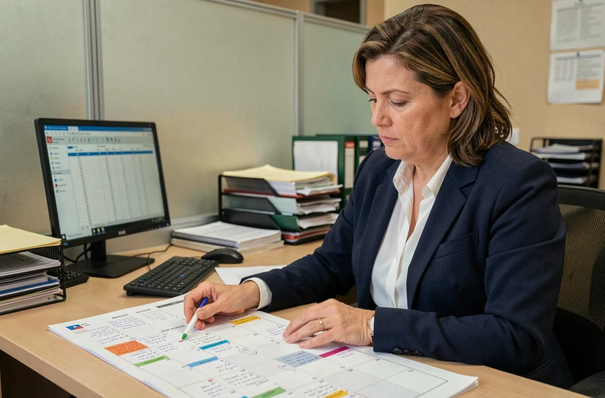 Fonctionnaire féminine consultant un calendrier annuel imprimé dans un bureau administratif pour planifier les jours ouvrables 2026