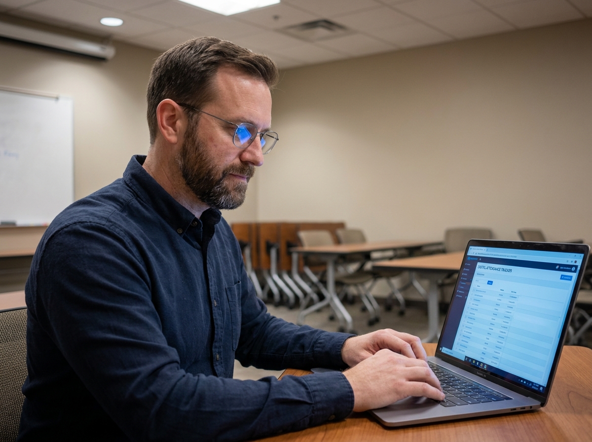 Formateur utilisant une solution numérique de feuille de présence en ligne sur un ordinateur portable en salle de formation