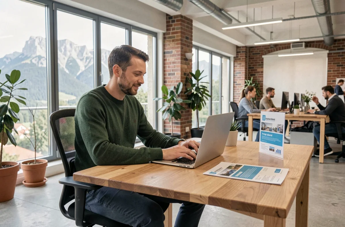 Freelance masculin travaillant sur son ordinateur dans un espace de travail partagé à Grenoble avec vue sur les montagnes