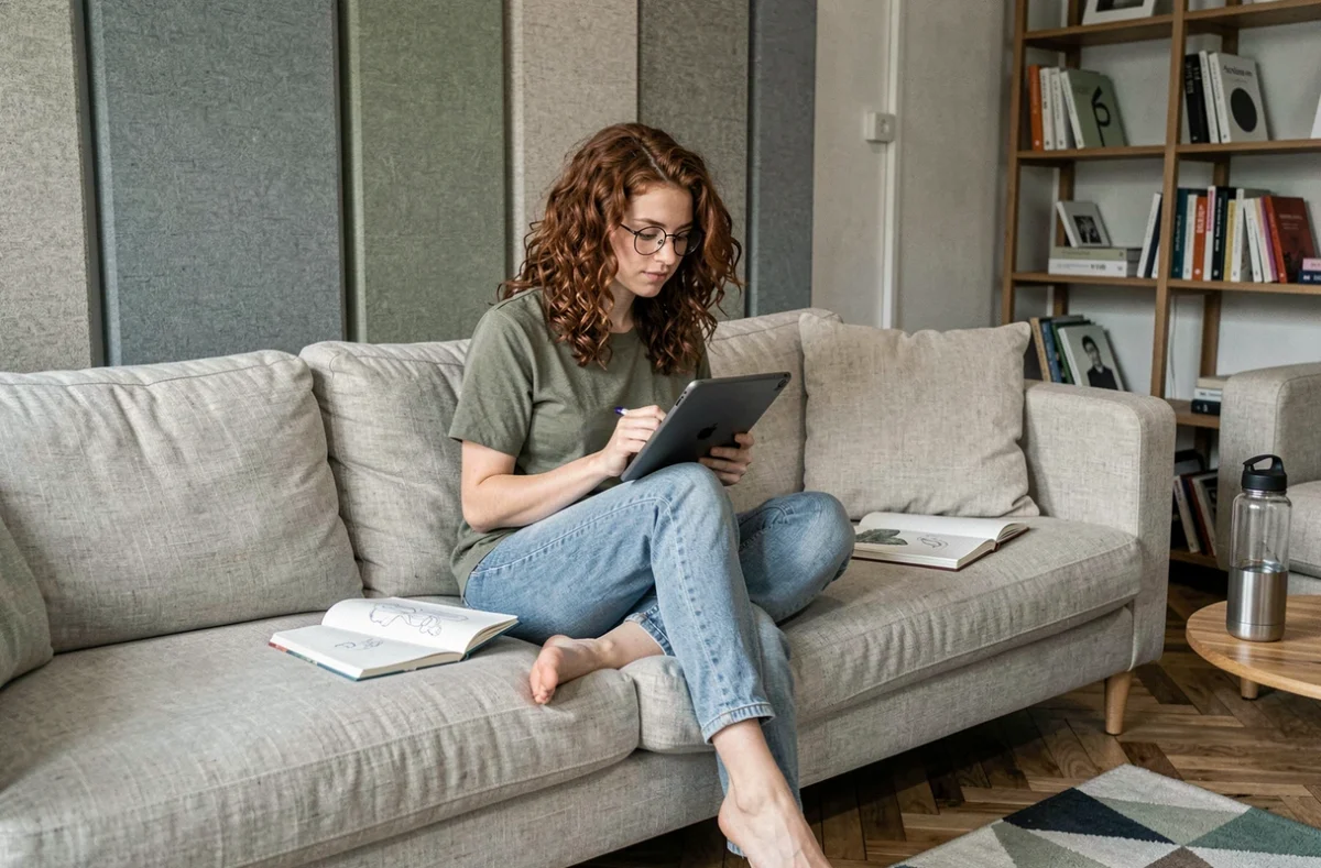 Jeune freelance détendue travaillant sur tablette dans le salon d'un espace de coworking à Moulins