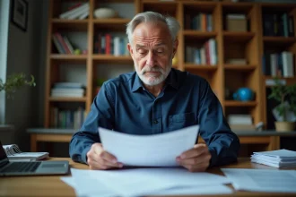 Homme consultant ses documents de mensualisation d'impôts au bureau à domicile en France