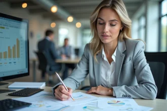 Gestionnaire de paie femme vérifiant des bulletins de salaire au bureau avec des documents imprimés et un ordinateur