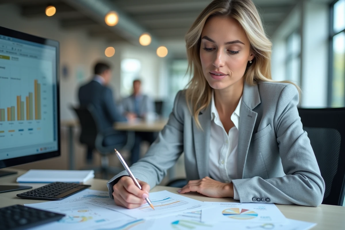 Gestionnaire de paie femme vérifiant des bulletins de salaire au bureau avec des documents imprimés et un ordinateur