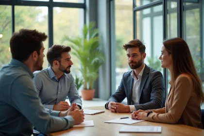 Quatre adultes en r&eacute;union dans un bureau moderne