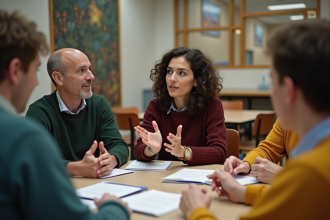 Groupe de personnes en discussion dans un centre communautaire