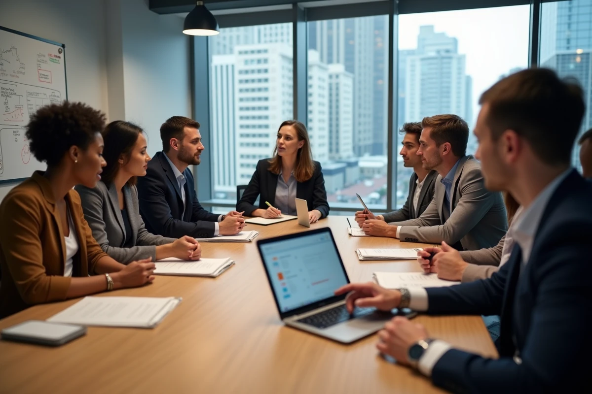 Groupe de jeunes professionnels discutant autour d
