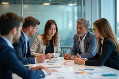 Groupe de professionnels en réunion dans un bureau lumineux