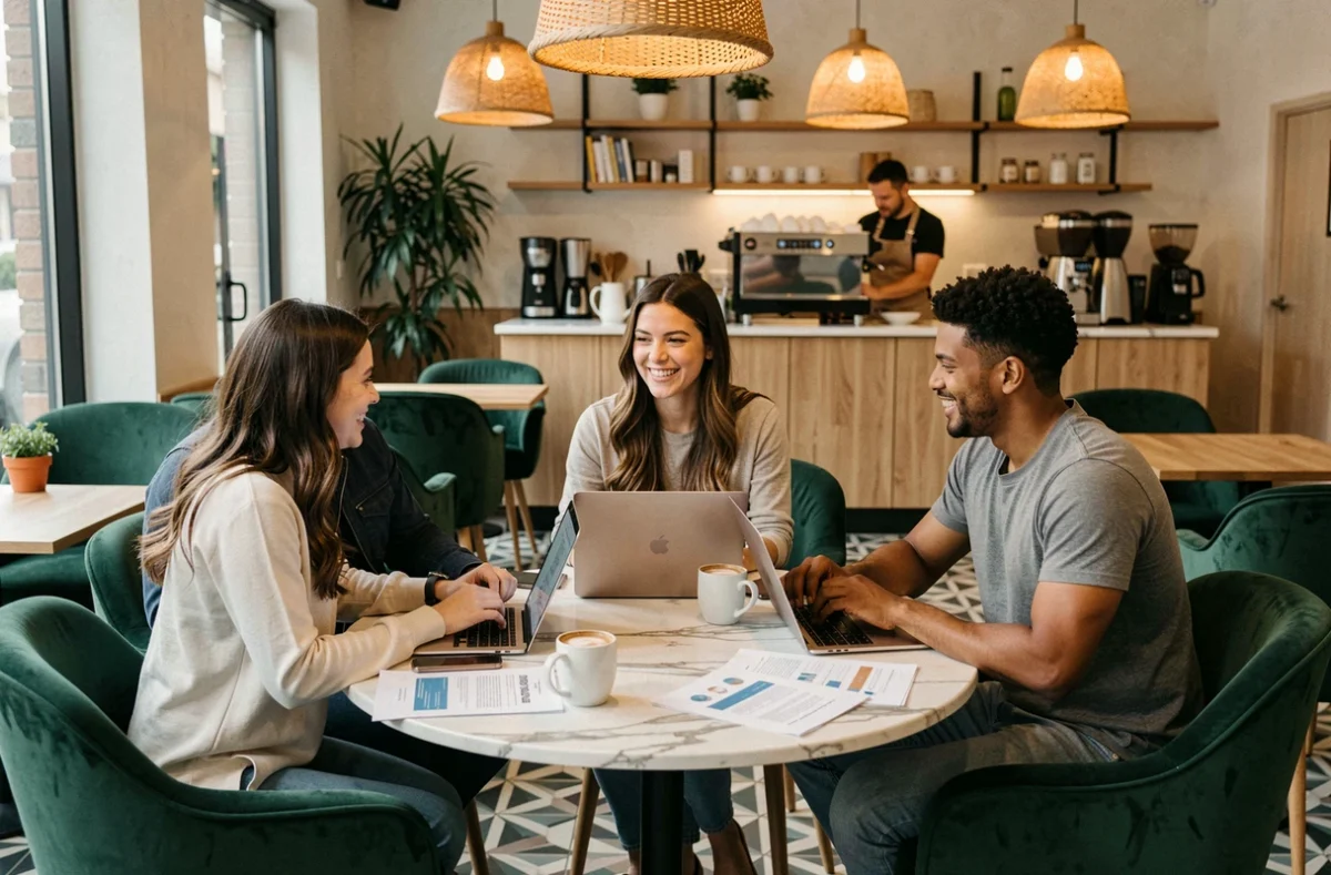 Groupe de jeunes professionnels en réunion informelle dans un salon coworking café avec fauteuils en velours