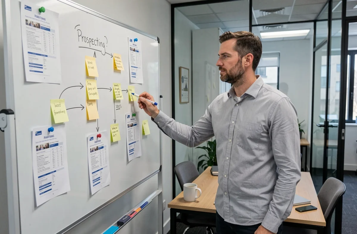 Homme d'affaires planifiant une routine de prospection commerciale B2B sur un tableau blanc avec des notes adhésives