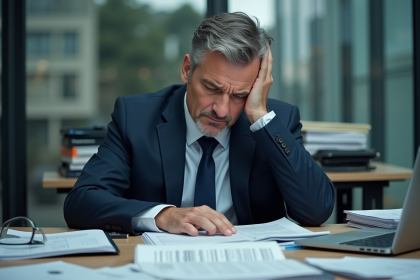 Homme d'affaires stressé dans un bureau en désordre