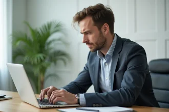 Homme d'affaires concentré sur son ordinateur en bureau