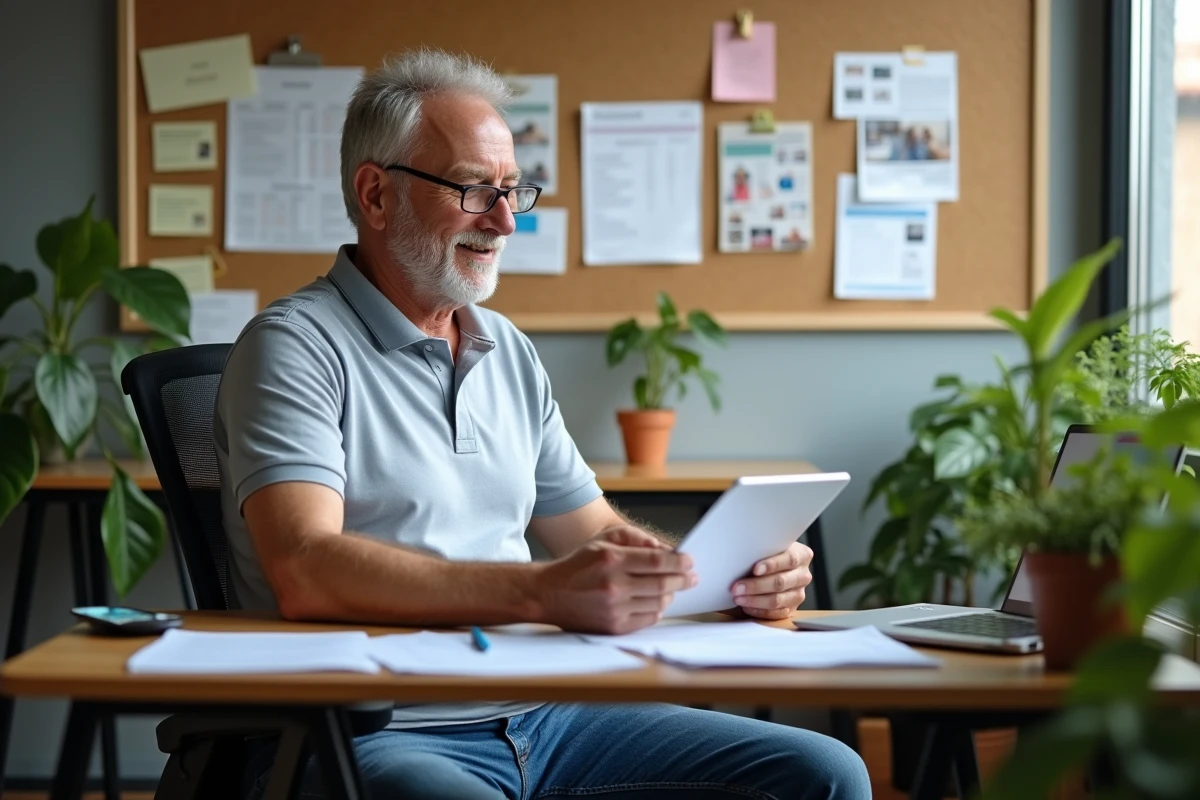 Homme concentré dans un bureau lumineux avec papiers et tablette