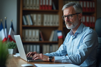 Homme d'âge moyen lisant le journal officiel au bureau