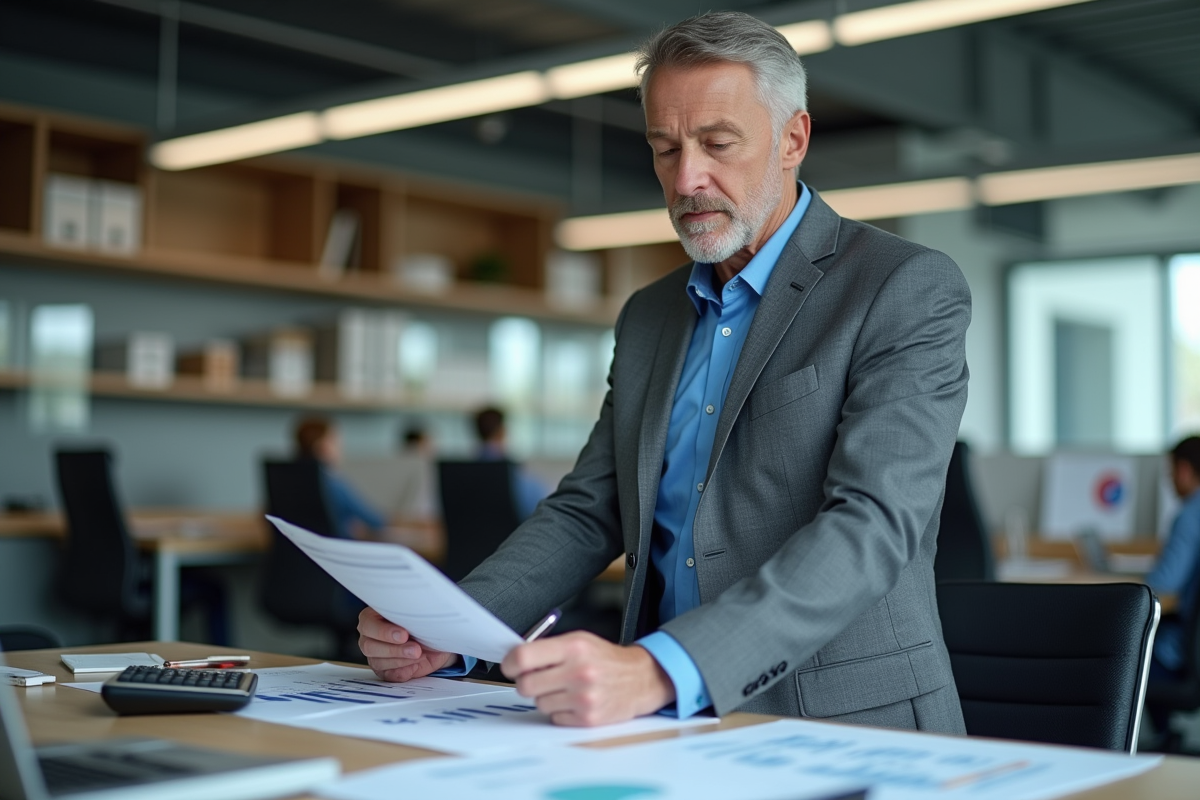 Homme en costume analysant des documents au bureau