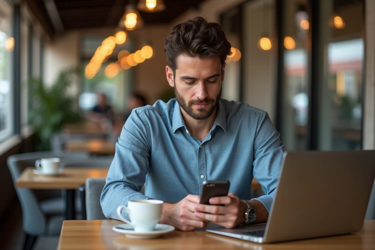Homme d'affaires seul au café avec smartphone et ordinateur