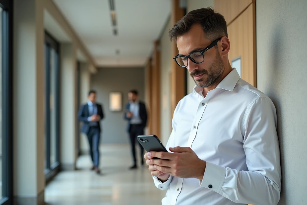 Homme d affaires v&eacute;rifiant ses notifications sur smartphone