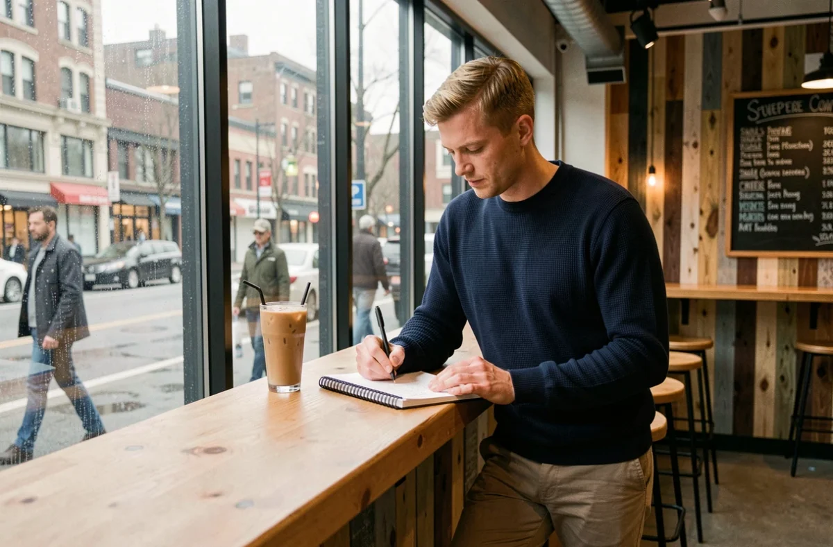 Homme prenant des notes dans un espace coworking café moderne avec vue sur la rue pluvieuse de la ville