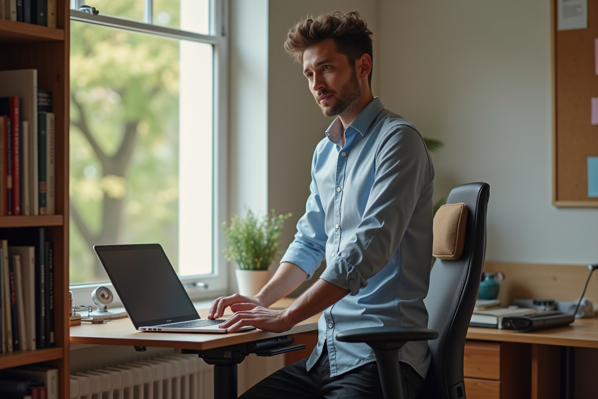 Jeune homme ajustant sa chaise dans un espace de travail à domicile