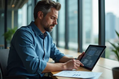 Homme d'âge moyen étudie un schéma numérique sur une tablette