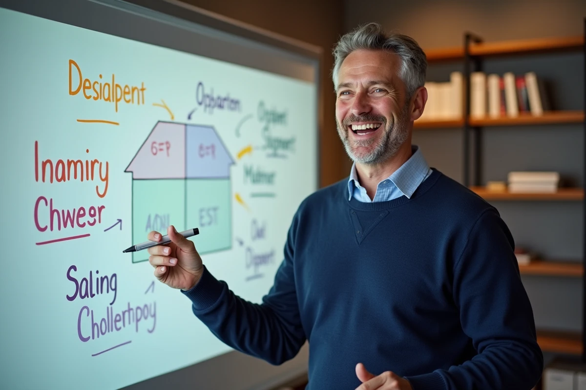 Homme en pull bleu expliquant le cadre marketing