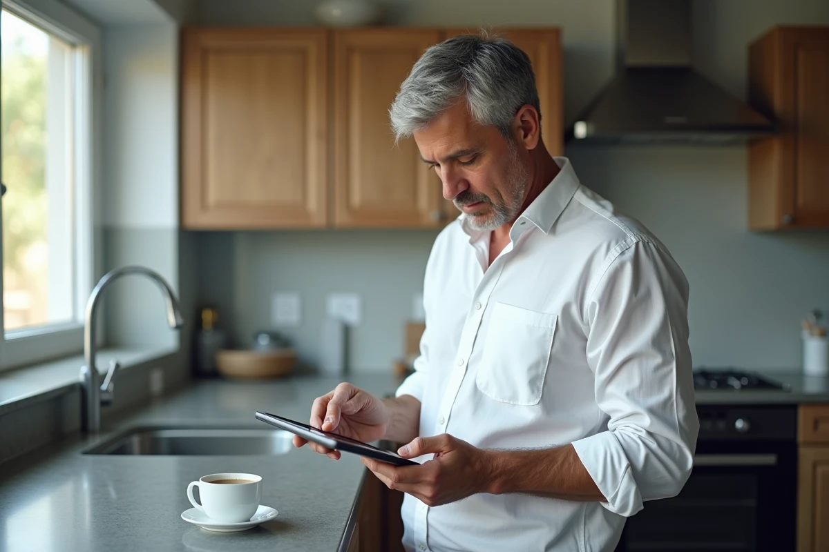 Homme consultant une interface de gestion de documents fiscaux sur tablette dans une cuisine moderne
