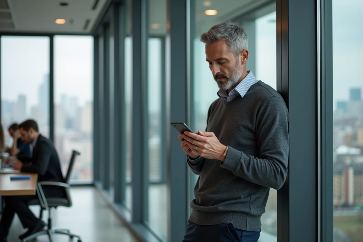 Homme lisant un contenu LinkedIn mis en forme avec du gras et du storytelling sur son smartphone dans un espace de coworking