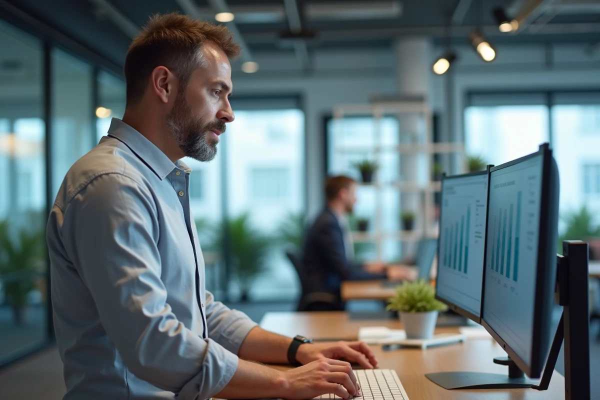Homme debout à son bureau en open space utilisant un logiciel de gestion de projet pour optimiser son temps de travail