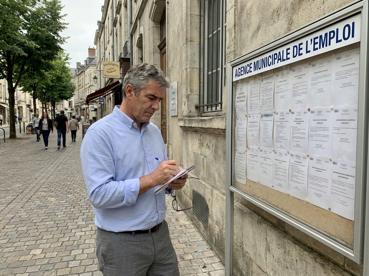 Homme lisant annonces d emploi devant agence à Bourges