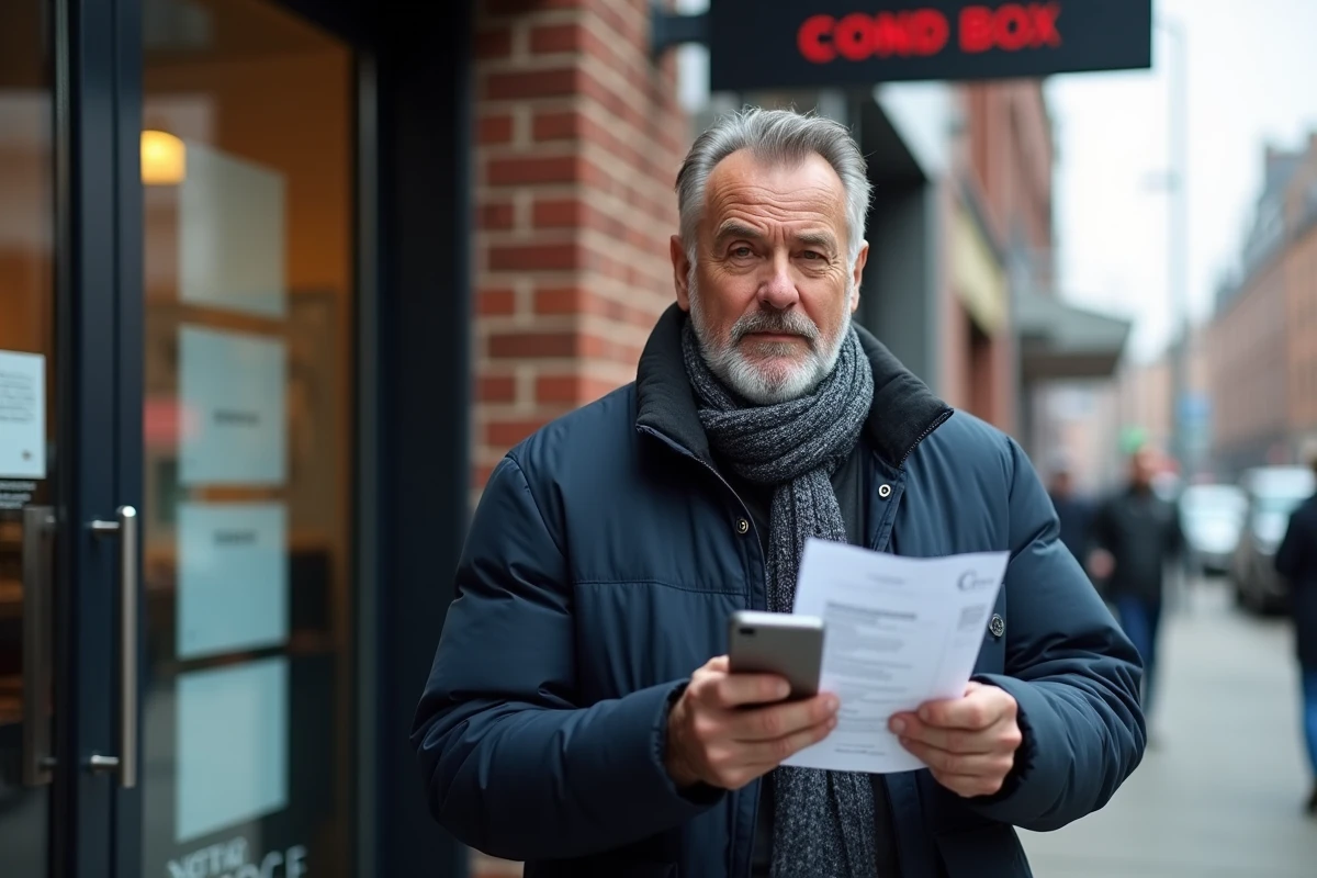 Homme dehors devant une agence de livraison avec smartphone