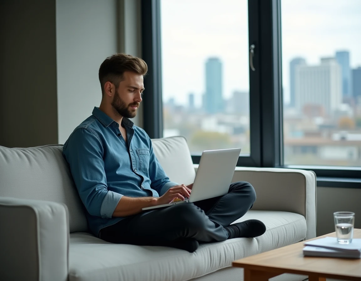 Homme jeune travaillant sur son ordinateur portable depuis son salon en appartement urbain, symbolisant la flexibilité du travail en ligne à domicile