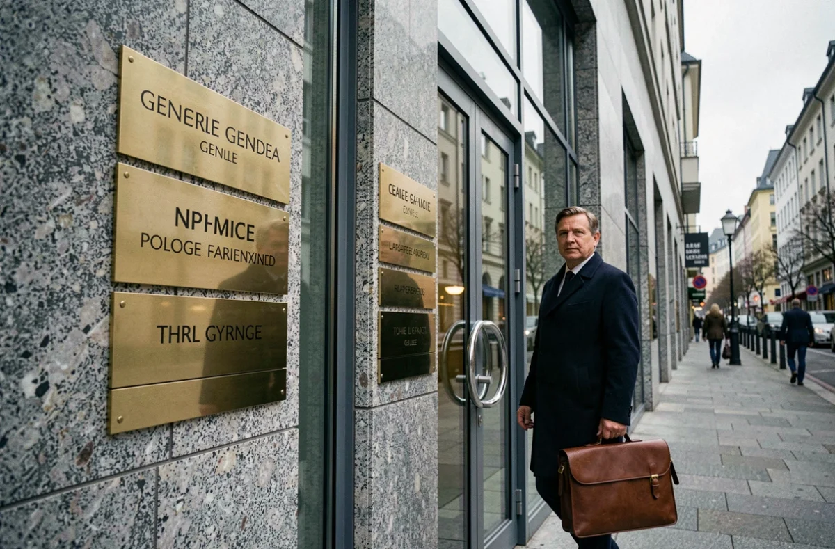 Façade d'un immeuble de bureaux à Genève avec plaques de domiciliation d'entreprises et homme d'affaires à l'entrée
