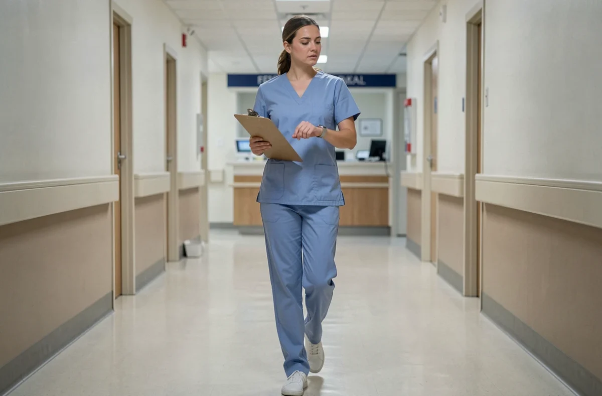 Infirmière en service de nuit dans un couloir d'hôpital, représentant les contraintes de pénibilité et les primes de nuit dans le secteur médical