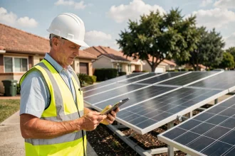 Ingénieur en gilet de sécurité inspectant des panneaux solaires résidentiels dans un quartier pavillonnaire pour une coopérative d'énergie locale