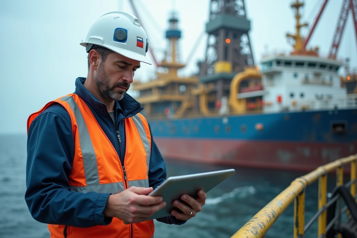 Ingénieur en tenue de sécurité sur plateforme pétrolière en mer