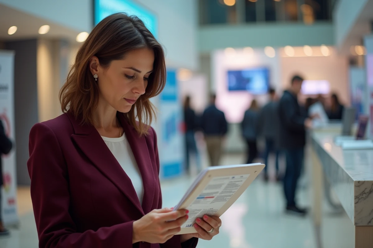 Femme professionnelle consultant son programme lors de l'inscription à un salon B2B