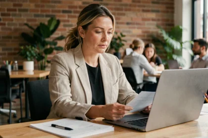 Une femme intermittente du spectacle examine des documents de portage salarial dans un espace de coworking moderne