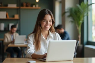 Jeune femme souriante utilisant un smartphone dans un espace de coworking
