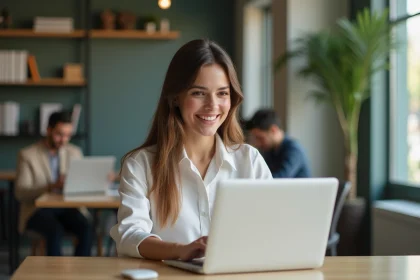 Jeune femme souriante utilisant un smartphone dans un espace de coworking