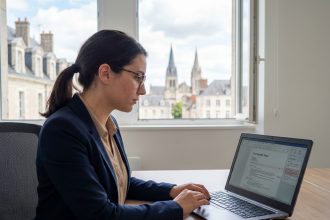Jeune femme en bureau à Bourges travaillant sur son CV