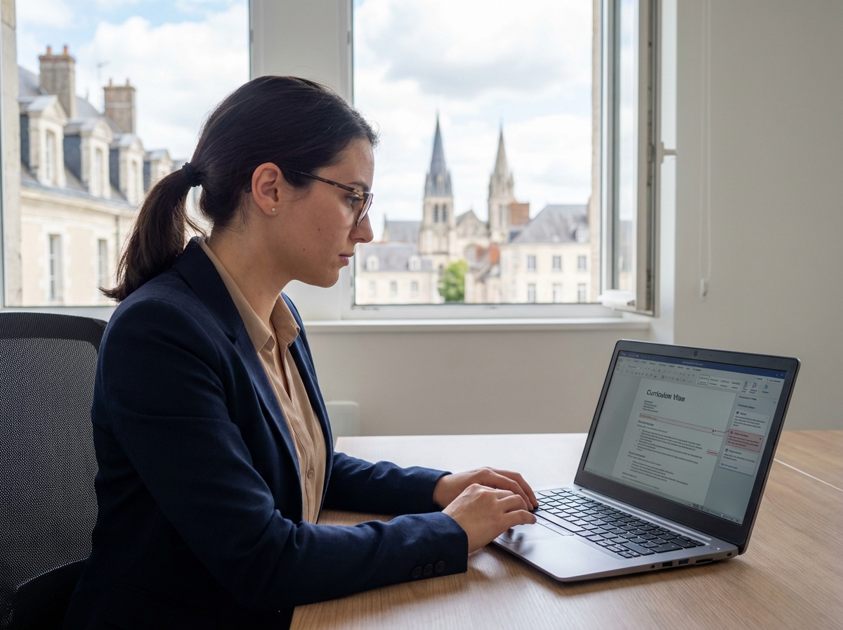 Jeune femme en bureau à Bourges travaillant sur son CV